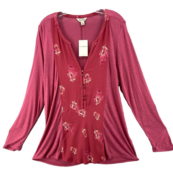 NWT‎ Lucky Brand Shirt Women Sz 1X Mauve Pink Floral Panel Top Tunic Roll Tab - Picture 1 of 11